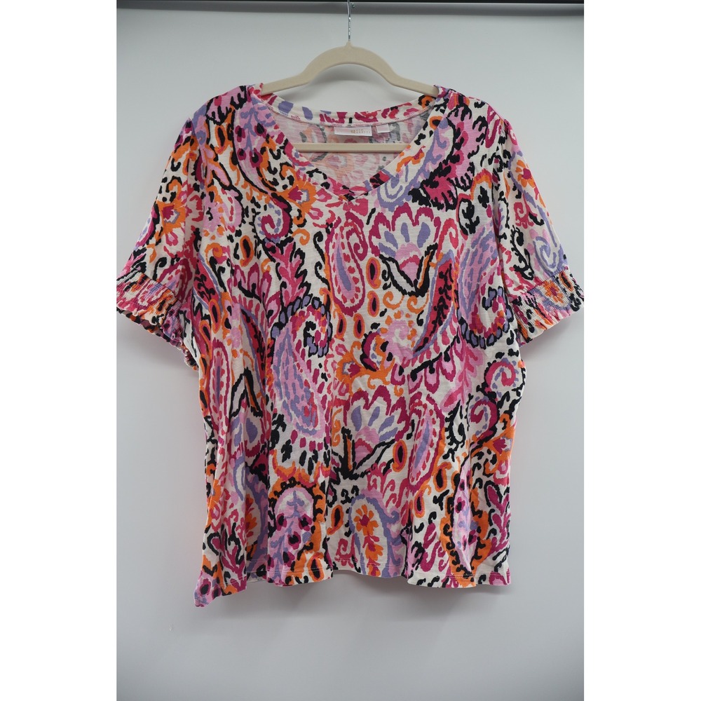 Belle Kim Gravel Plus Size 1X Paisley Smocked Sleeve Top Pink Orange Boho